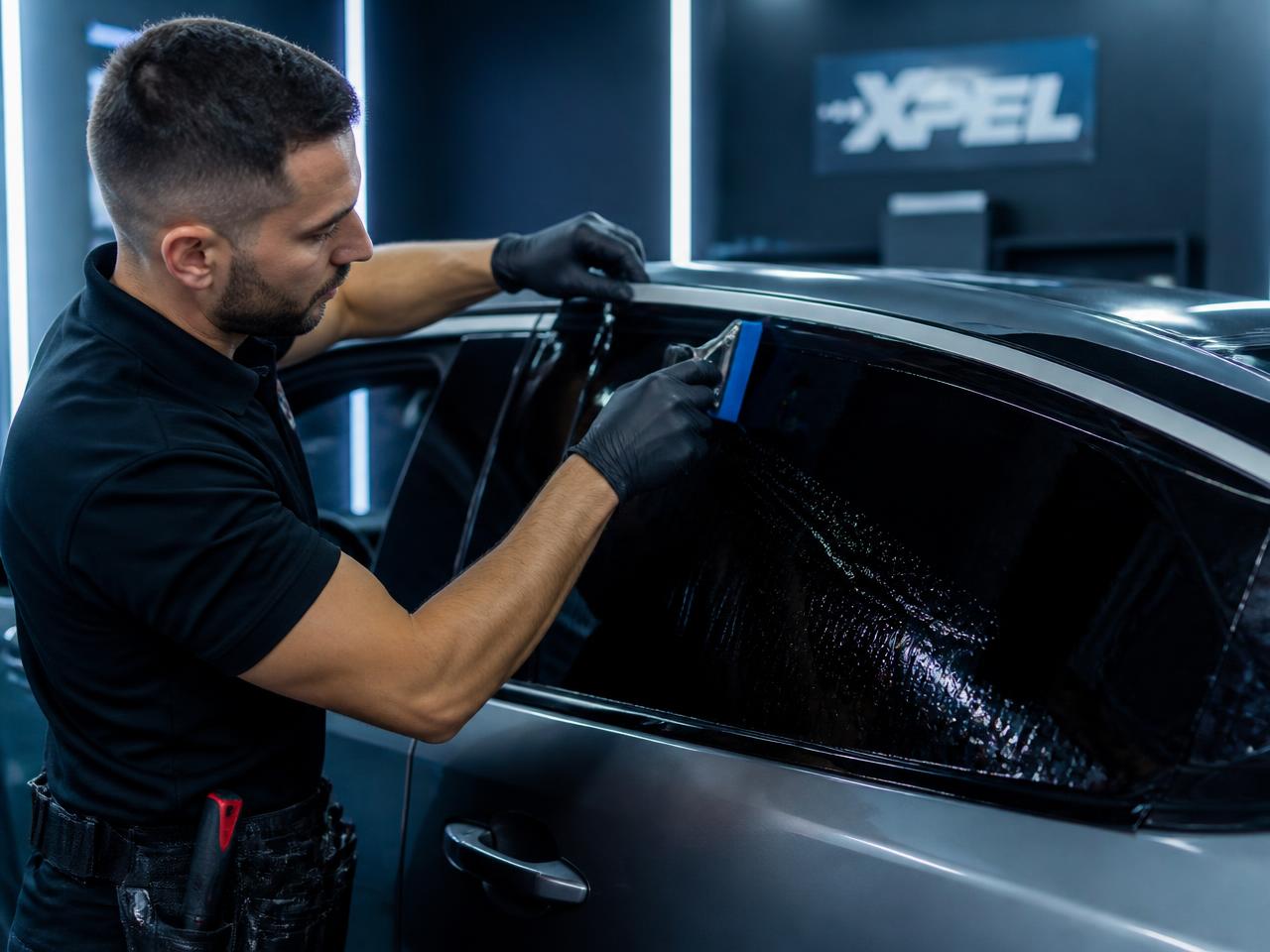 Aplicador instalando película no vidro de um carro